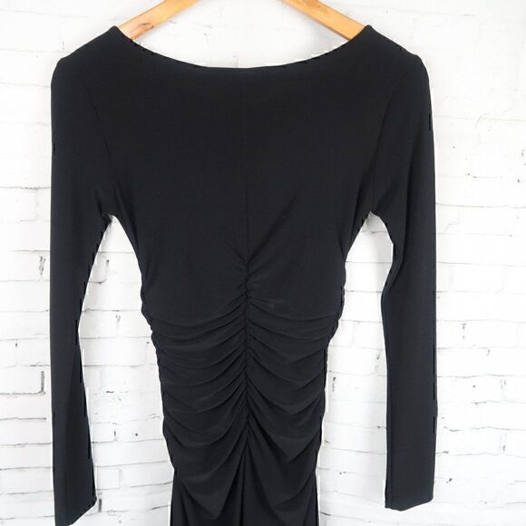 KAMALI KULTURE BLACK LONG SLEEVE RUCHED SIDES MIDI BLACK TIE COCKTAIL DRESS - Picture 9 of 9